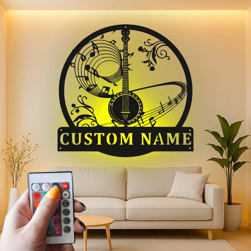 Cartel de metal LED de notas musicales de banjo personalizado, regalo para músicos, decoración para sala de música