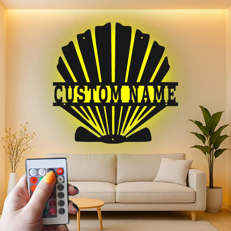 Décoration murale en métal en forme de coquillage | Panneau LED personnalisé pour décor côtier | Cadeau nautique inspiré de l'Art Déco pour maison de plage ou entreprise