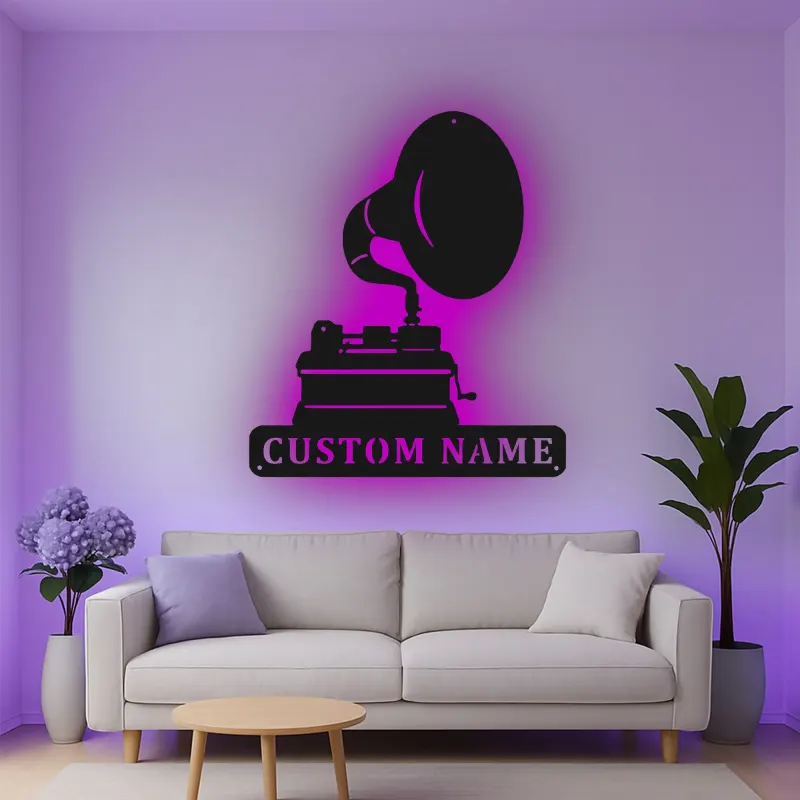 Personalisierte Vintage Phonograph LED Licht Metall-Wandkunst Geschenk für Musikliebhaber, Retro-Wohnzimmer-Dekor