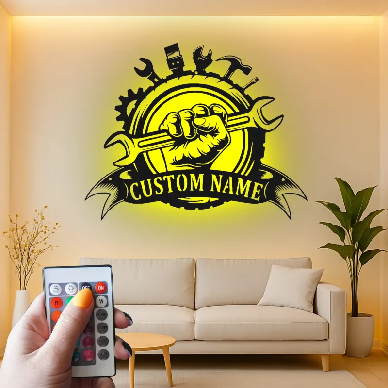 Custom Mechanic Tools Led Light Metal Wall Art Personalized Gift for Him Garage Workshop Decor