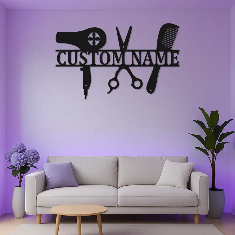 Enseigne LED pour coiffeur | Décor de salon en métal personnalisé avec nom | Cadeau personnalisé pour coiffeur et décoration murale pour studio beauté
