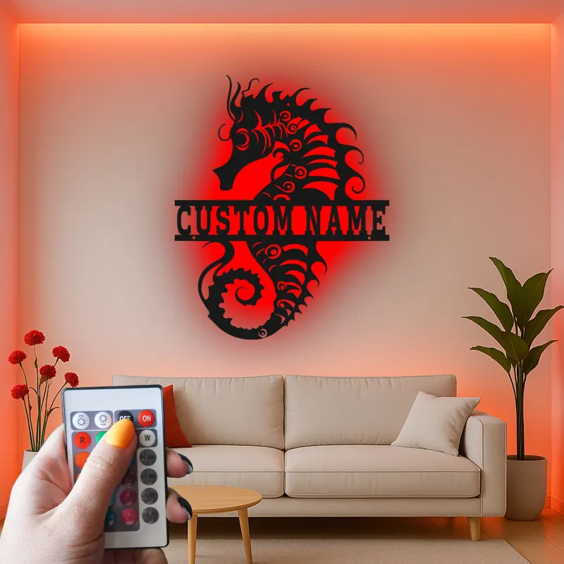 Insegna in Metallo Personalizzata Cavalluccio Marino | Arte Murale LED con Nome | Decorazione per Casa Costiera | Regalo per Casa al Mare