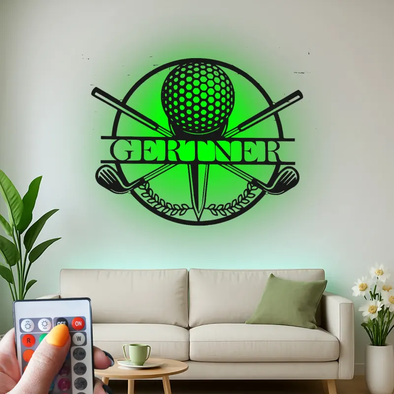 Panneau de golf personnalisé avec prénom | Décoration murale en métal LED | Cadeau sur mesure pour golfeur | Déco de bar sportif et bureau
