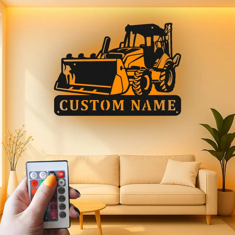 Décoration murale en métal personnalisée avec bulldozer rétroéclairé - Cadeau de construction pour lui - Décor de garage ou d'atelier
