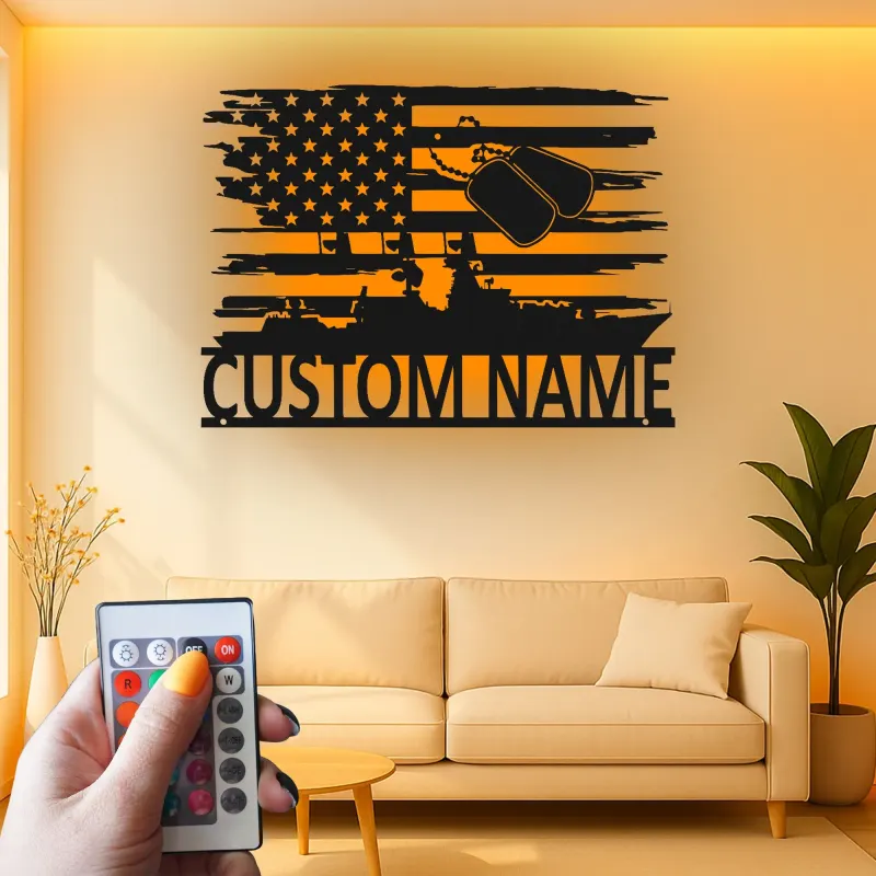 Personalized Navy Ship Metal Sign | Custom US Military Veteran Wall Art | American Flag LED Decor | Patriotic Gift for Him