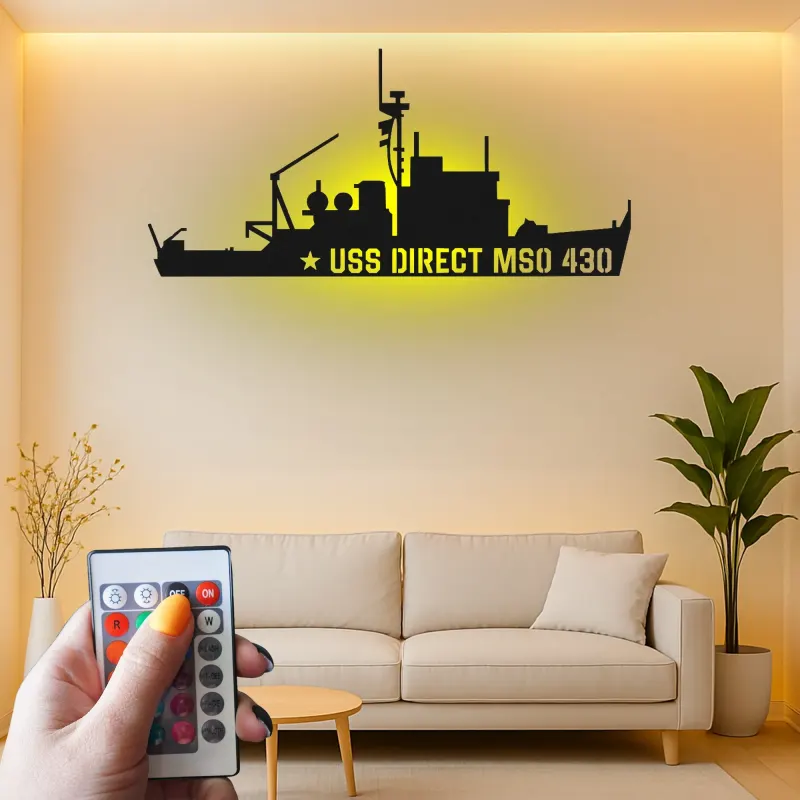 Art mural en métal LED USS Direct MSO 430 | Panneau silhouette de navire de la marine | Cadeau pour vétéran militaire | Décor nautique