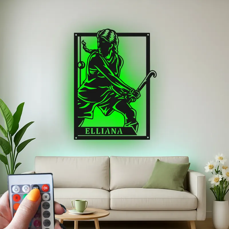 Insegna in metallo personalizzata per giocatore di hockey su prato LED - Regalo personalizzato per atleti - Decorazione per sala sportiva