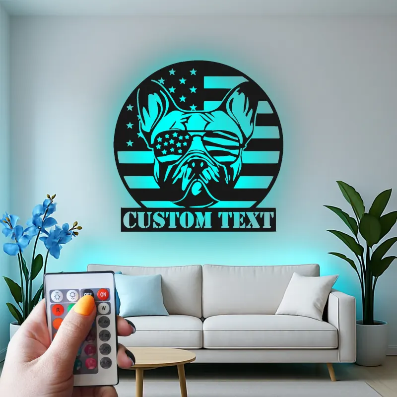 Décoration murale en métal personnalisée avec bulldog et drapeau américain éclairée LED - Cadeau patriotique pour les amoureux des chiens