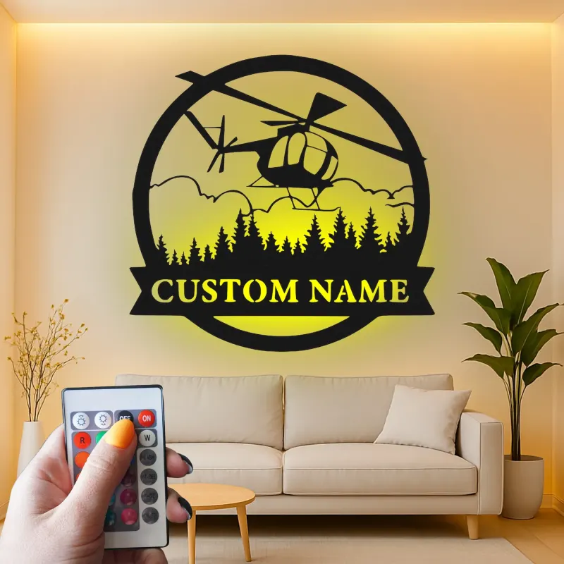 Custom Helicopter LED Sign | Personalized Pilot Gift | Metal Aviation Wall Art for Office & Man Cave