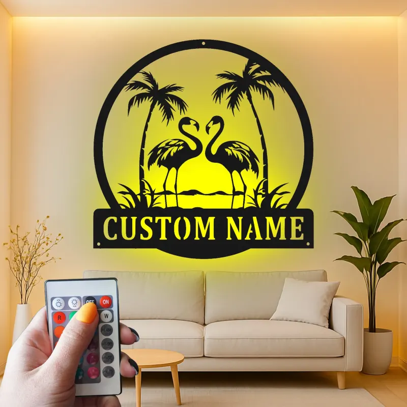 Cartel de metal LED de flamenco | Cartel tropical personalizado | Decoración de casa de playa y salón a medida | Luz de palmera costera