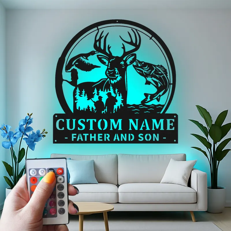 Insegna Personalizzata per Cacciatore e Pescatore | Arte in Metallo LED per Papà | Decorazione per Fauna Selvatica Personalizzata per Padre e Figlio | Regalo per Cabina e Man Cave