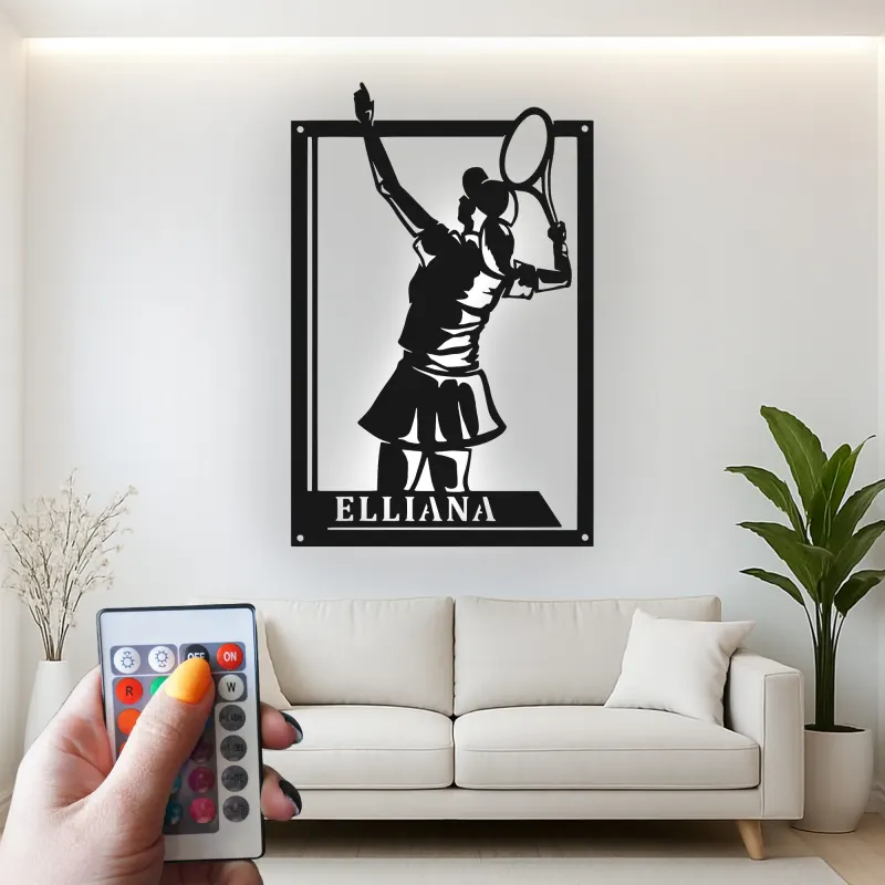 Custom Female Tennis Player Led Light Metal Wall Art Personalized Gift for Tennis Enthusiasts Game Room Decor