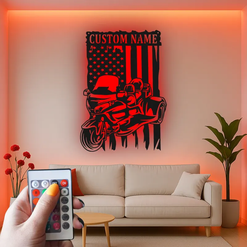 Art Métal LED Moto Personnalisé | Panneau Biker Drapeau Américain | Décor de Garage & Man Cave | Cadeau Unique pour Motard