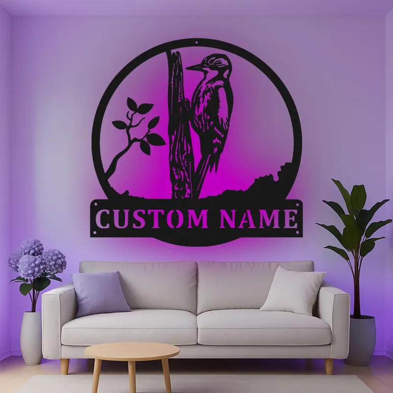 Personalisierte Specht LED-beleuchtete Metall-Wandkunst Geschenk für Naturfreunde Rustikale Wohnkultur für Vogelenthusiasten