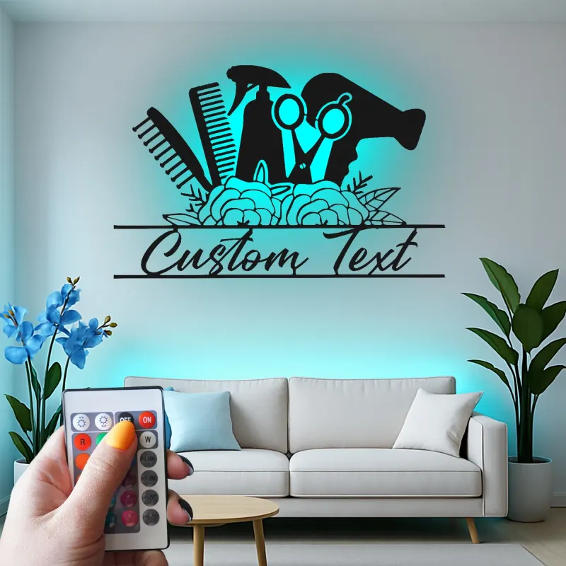 Insegna su misura per hair stylist | Arte murale LED in metallo per saloni | Decorazione personalizzata per beauty studio | Regalo per parrucchiere