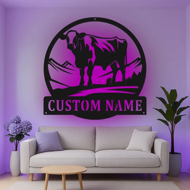 Décoration murale en métal LED personnalisée de vache - Cadeau de ferme pour éleveurs - Décor rustique pour le salon
