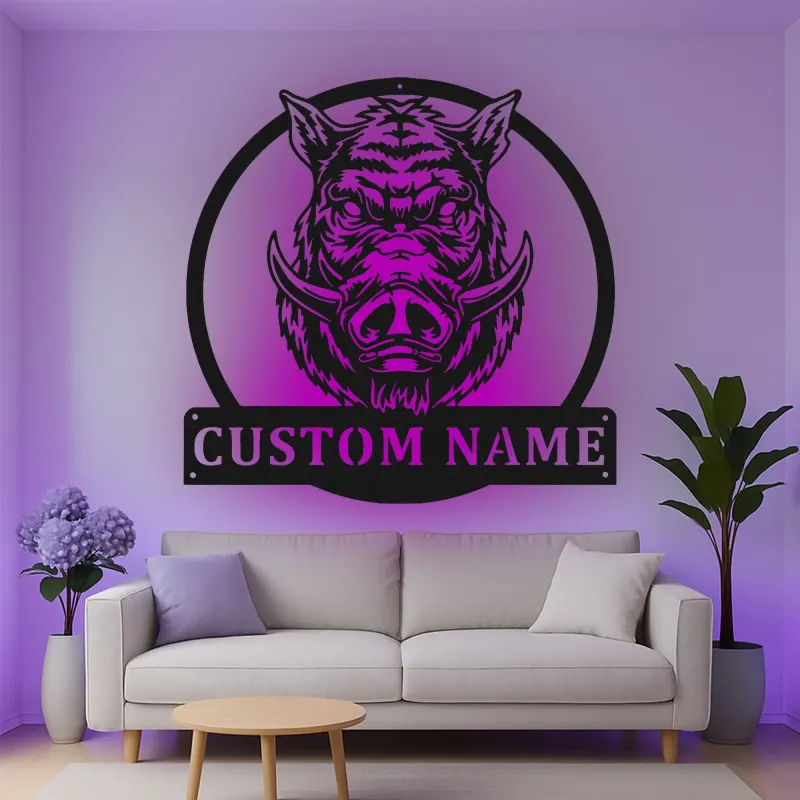 Cartel de metal personalizado con luz LED de jabalí, regalo personalizado para cazadores, decoración rústica de cueva de hombres