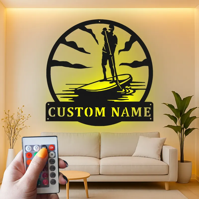 Insegna in metallo LED per Paddle Board | Insegna SUP personalizzata | Decorazione costiera su misura per casa al mare e casa al lago