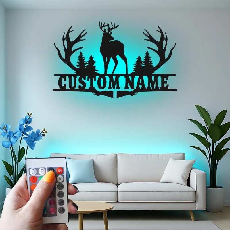 Personalisierte LED-Metall-Wandkunst mit Hirschgeweih – Geschenk für Jäger, rustikale Hüttendeko