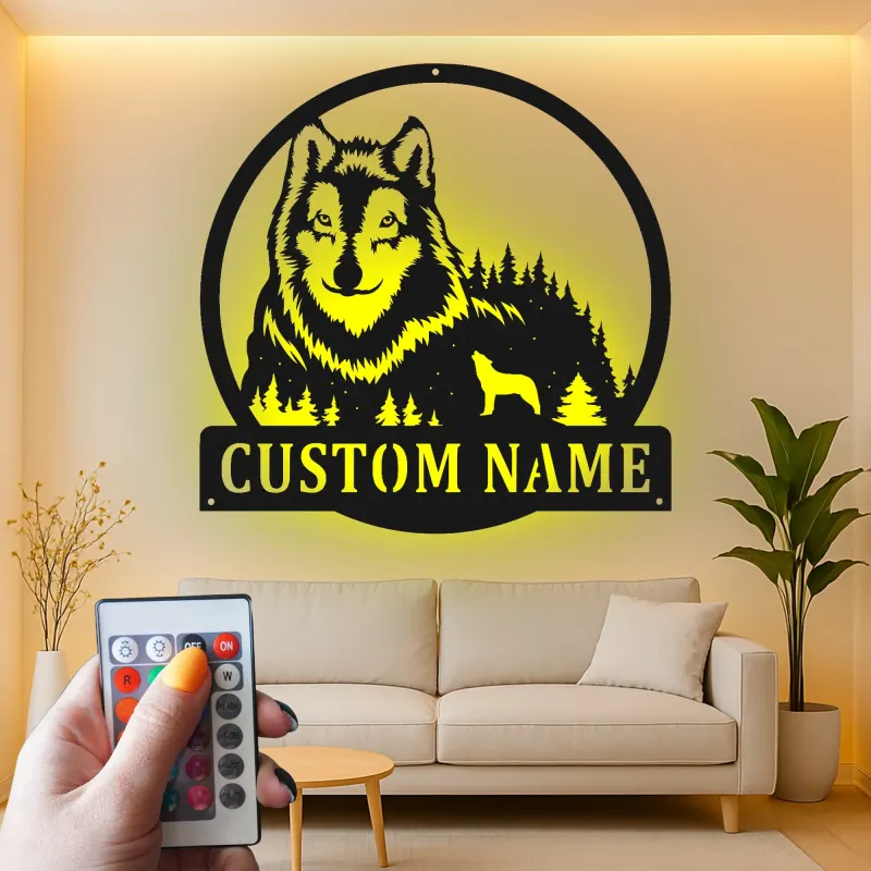 Cartel de metal personalizado con luz LED de bosque de lobos Regalo personalizado para amantes de la naturaleza Decoración rústica de cabaña