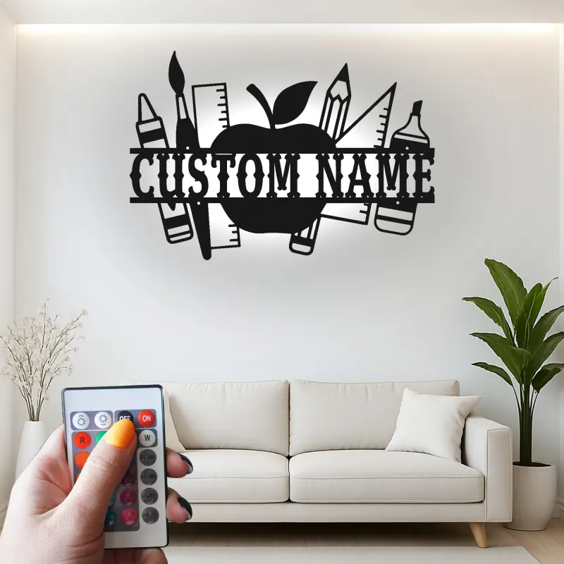 Cartel de nombre de profesor personalizado | Arte mural de metal LED para aula | Decoración personalizada de útiles escolares | Regalo de fin de año para educadores