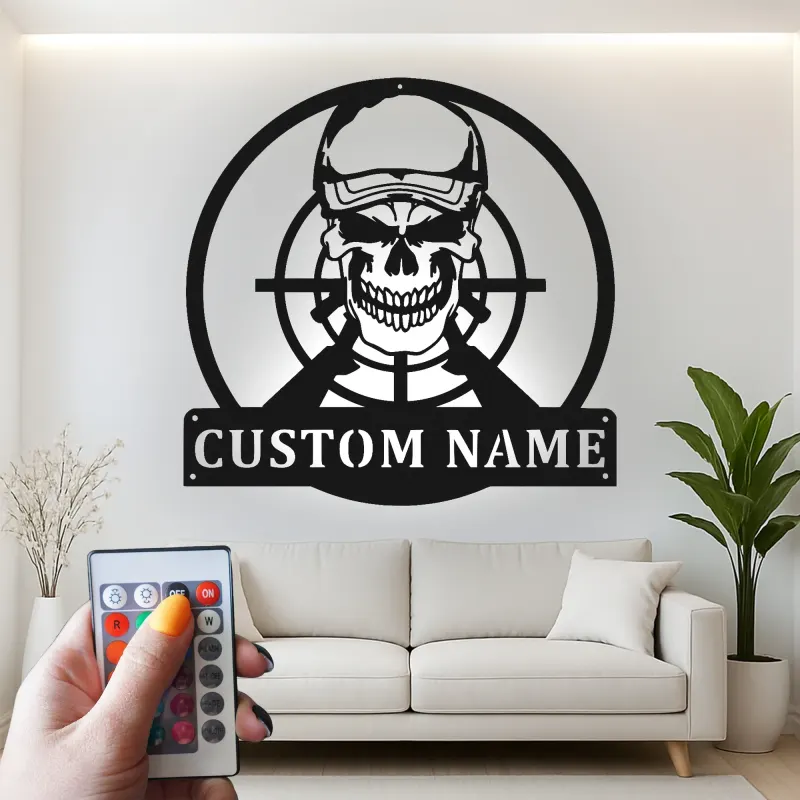 Insegna in Metallo LED con Teschio Militare Personalizzato | Arte Murale per Veterani | Decorazione per Man Cave con Mirino