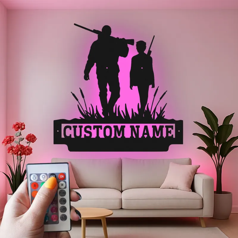 Cartel Personalizado de Caza | Arte de Metal LED para Padre e Hijo | Decoración de Cabaña Personalizada para Papá