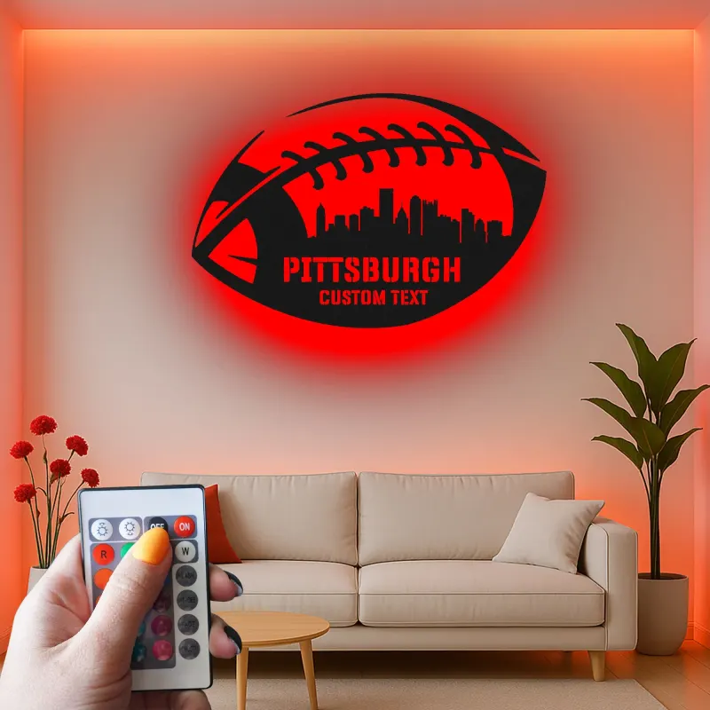 Décoration murale en métal football personnalisée | Enseigne LED personnalisée avec skyline de ville pour salle de jeux | Cadeau pour fan de sport