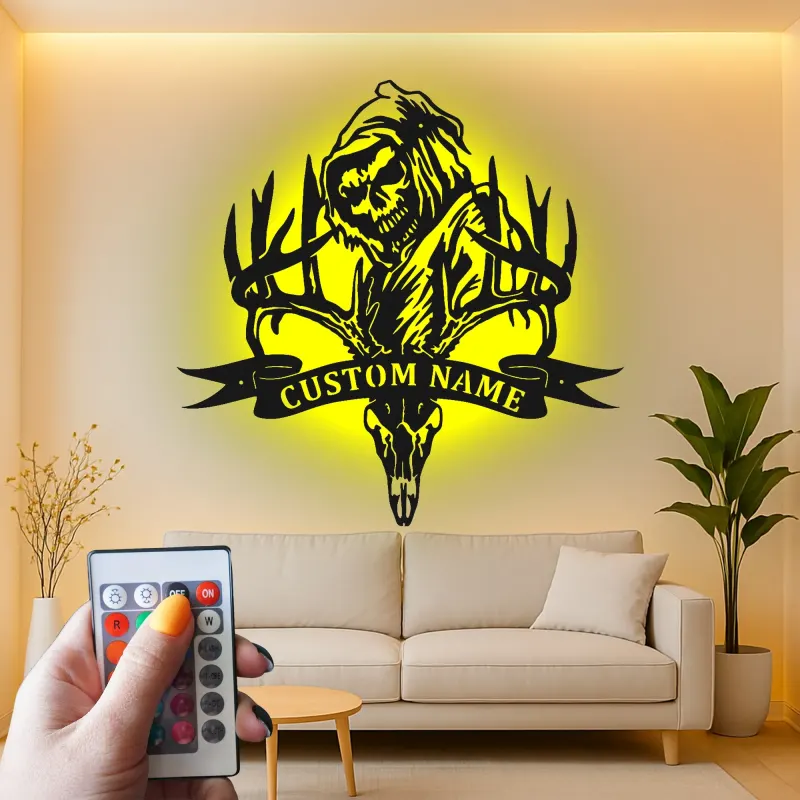 Plaque en métal Tête de cerf et Faucheuse | Décoration murale LED personnalisée pour chasseur | Déco sur mesure pour man cave et lodge
