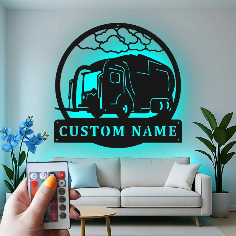 Personalisierte LED-Metall-Wandkunst mit Müllwagen – Einzigartiges Geschenk für Mitarbeitende der Abfallwirtschaft, Garagen- oder Bürodeko