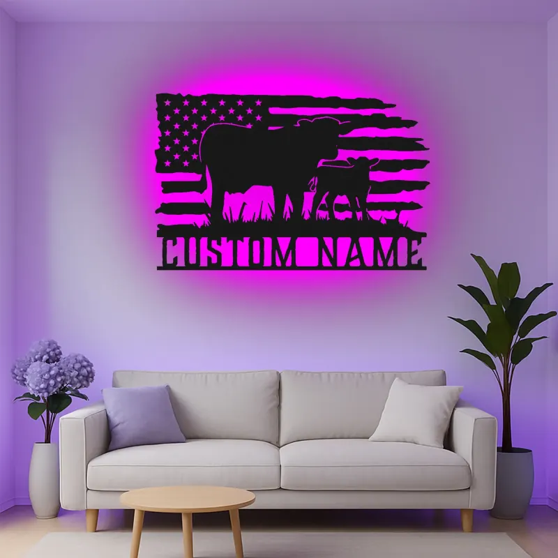 Personalisierte Kuh-und-Kalb LED-beleuchtete Metall-Wandkunst mit amerikanischer Flagge – Landhausgeschenk für Landwirte, rustikale Wohndeko