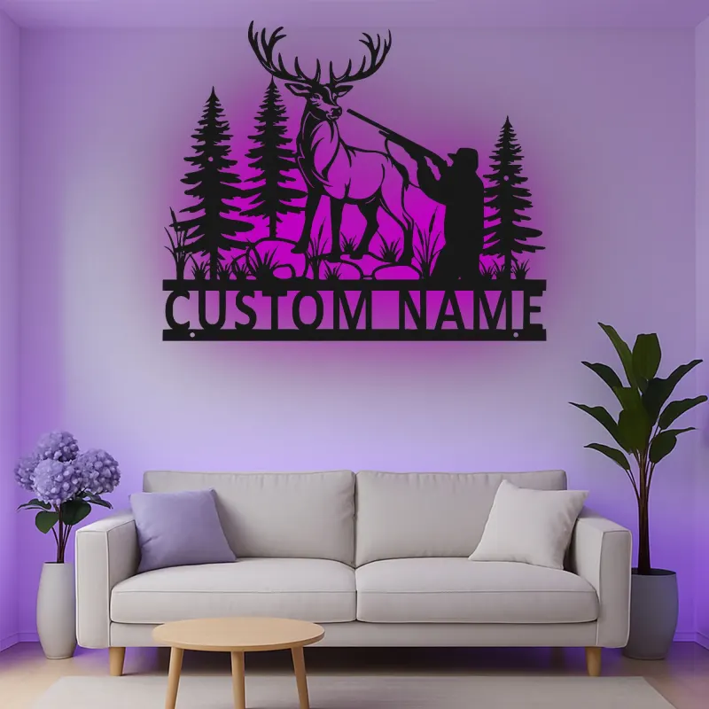 Custom Hunter and Deer Led Light Metal Wall Art Personalized Gift for Outdoorsmen Cabin or Man Cave Decor