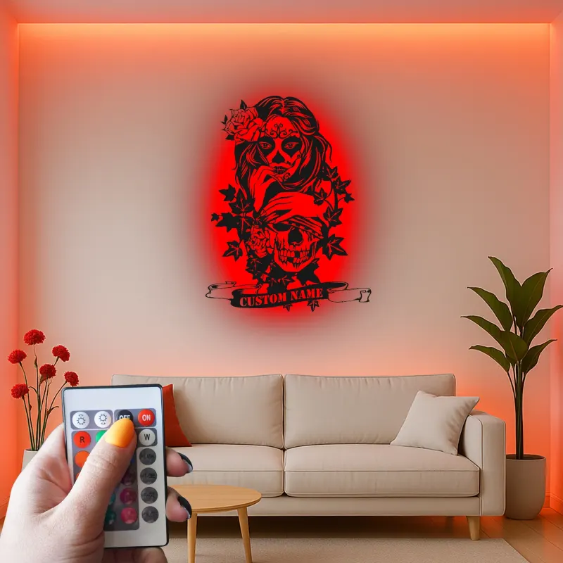 Sugar Skull LED Metal Sign | Personalized Gothic Wall Art | Custom Name Decor for Tattoo Studio & Salon