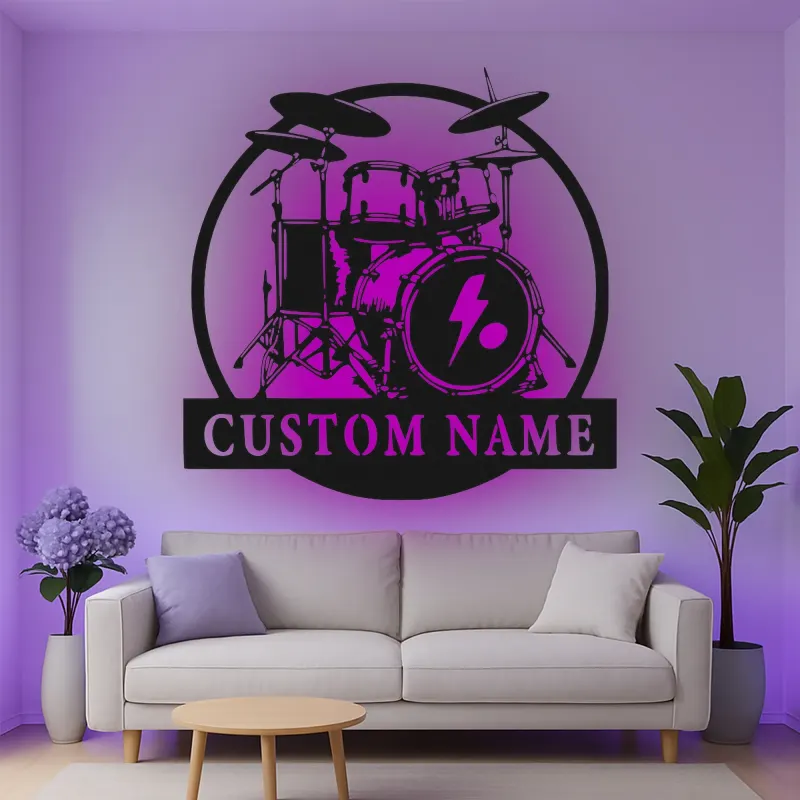 Custom Drum Set Led Light Metal Wall Art Personalized Musician Gift Studio or Music Room Decor 4