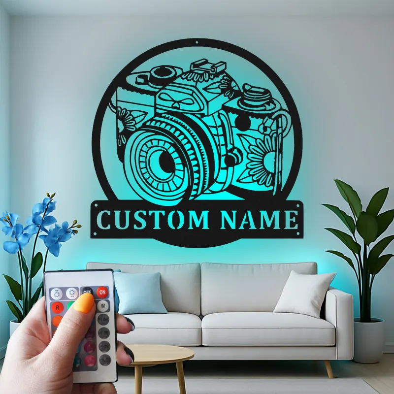 Personalisierte Vintage Kamera LED Licht Metall-Wandkunst Geschenk für Fotografen, Studio- oder Bürodekor