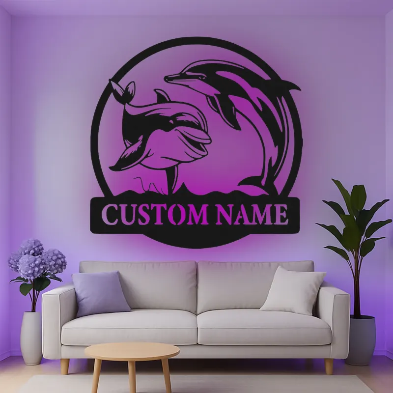 Insegna in metallo personalizzata con delfini retroilluminata, regalo per amanti dell'oceano, decorazione nautica per casa al mare
