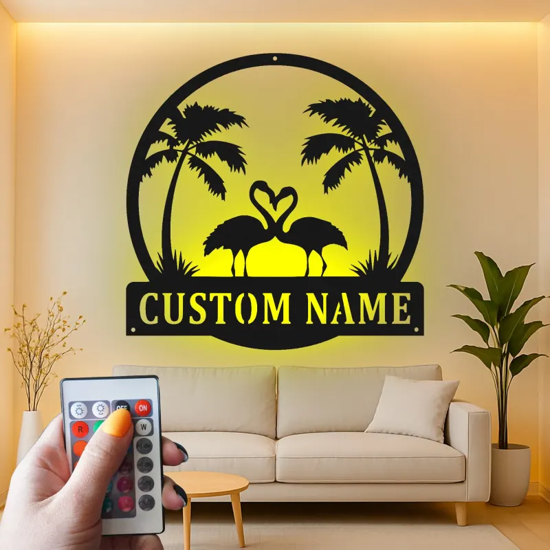 Panneau LED Couple Flamant Rose Personnalisé | Art mural en métal | Décor de maison de plage tropical pour cadeau d'anniversaire
