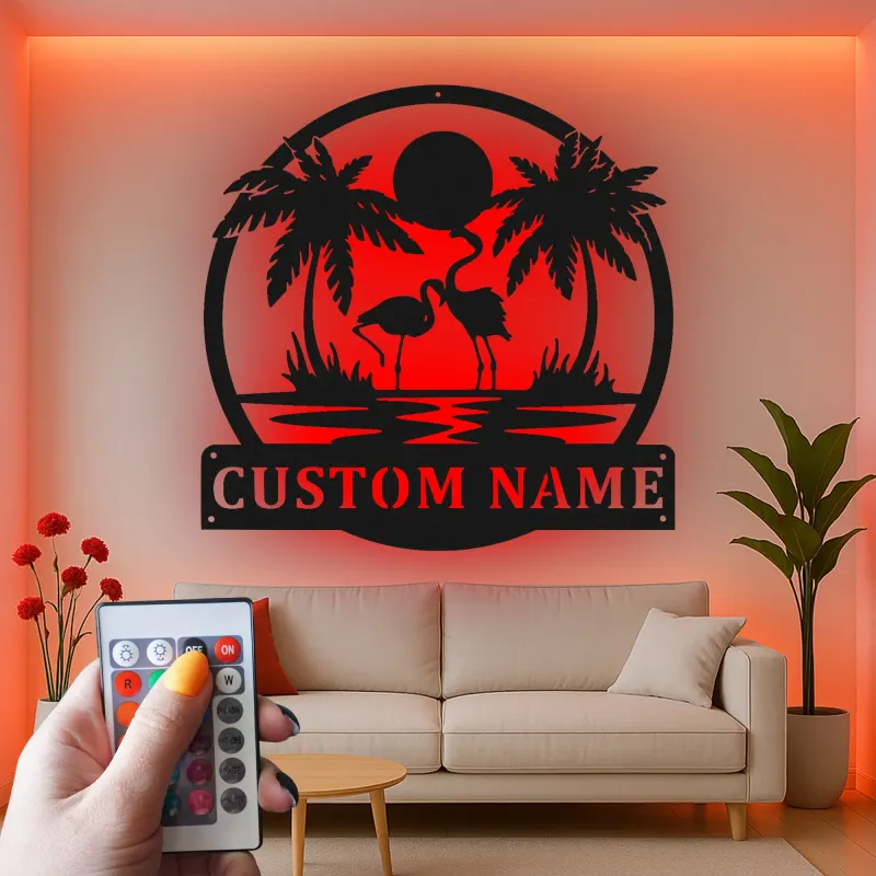 Insegna LED in metallo con fenicottero | Arte murale tropicale personalizzata | Decorazione su misura per patio e bordo piscina | Regalo per casa al mare