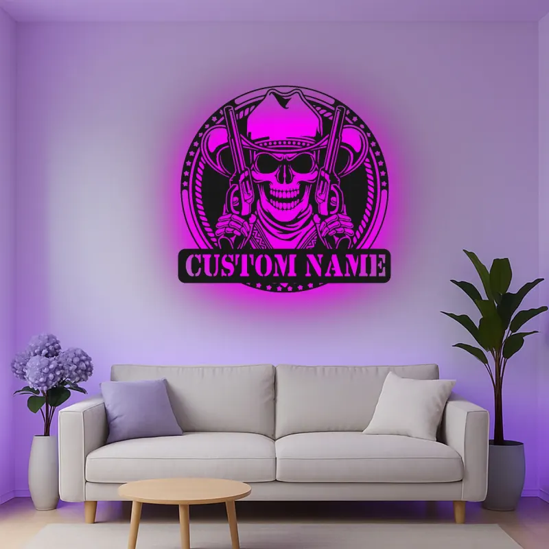 Décoration murale en métal personnalisée Crâne de Cowboy avec rétroéclairage LED - Cadeau personnalisé pour les passionnés de western - Décor de man cave