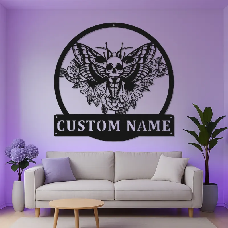 Cartel LED de polilla de cabeza de muerte personalizado | Arte mural gótico de metal | Decoración de hogar personalizada para brujas
