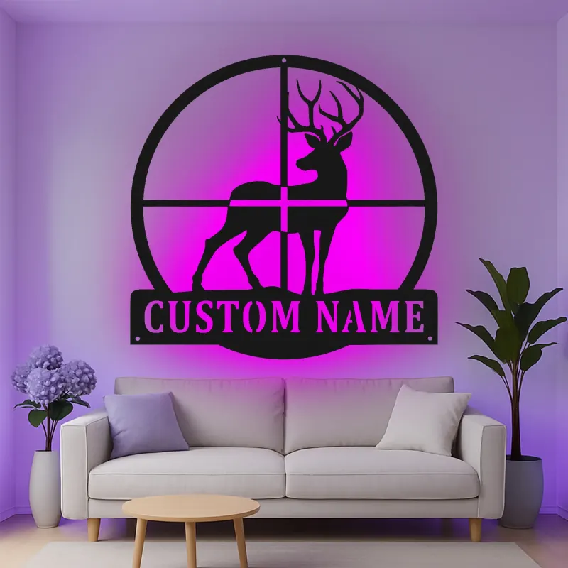 Décoration murale en métal personnalisée pour le cerf avec rétroéclairage LED, cadeau personnalisé pour les chasseurs, décoration de cabane rustique pour les amoureux de la nature