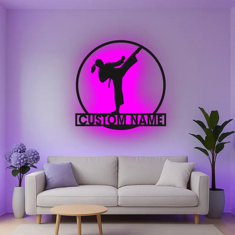 Custom Karate Kick Led Light Metal Wall Art Martial Arts Gift for Karate Enthusiasts Dojo or Gym Decor