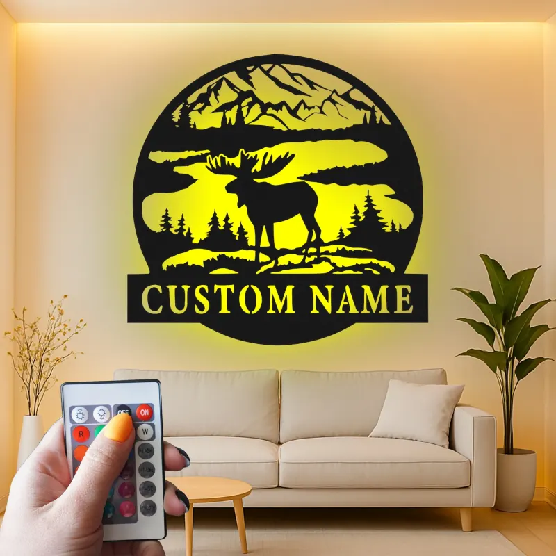 Cartel LED de alce macho personalizado | Arte mural de cabaña rústica | Decoración personalizada para lodge de cazador