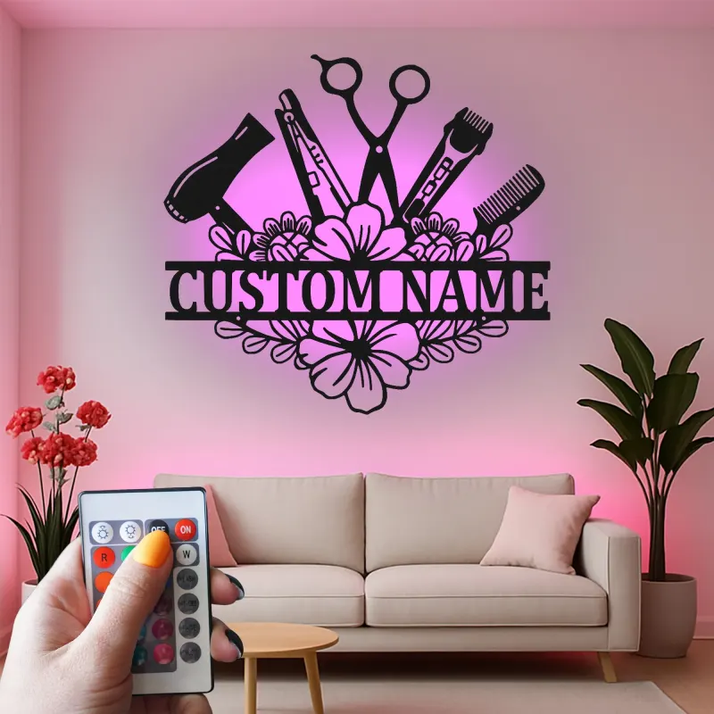 Insegna personalizzata per hairstylist | Decorazione murale LED in metallo su misura per salone | Regalo per parrucchiere e targhetta per beauty studio