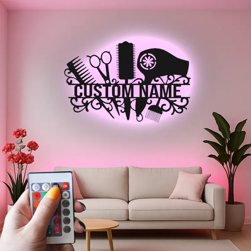 Personalized Salon Sign | Custom Hair Stylist LED Decor | Metal Wall Art for Hairdresser | Light Up Beauty Shop Nameplate