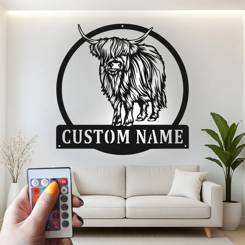 Décoration murale LED en métal Highland Cow | Enseigne ferme personnalisée | Cadeau déco rustique sur mesure pour amoureux des vaches