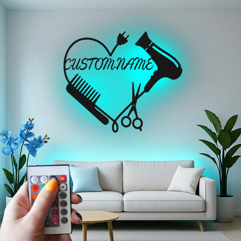 Enseigne LED personnalisée pour coiffeur | Décoration murale en métal personnalisée pour salon | Plaque nominative pour studio beauté | Cadeau pour coiffeur