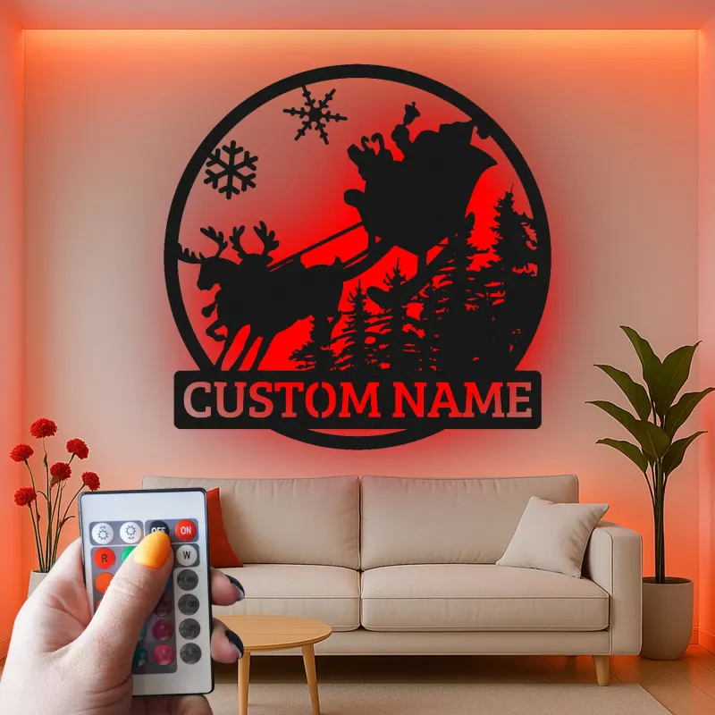 Cartel de metal personalizado de trineo de Santa | Arte mural navideño LED | Decoración navideña personalizada para el hogar | Silueta de reno con nombre