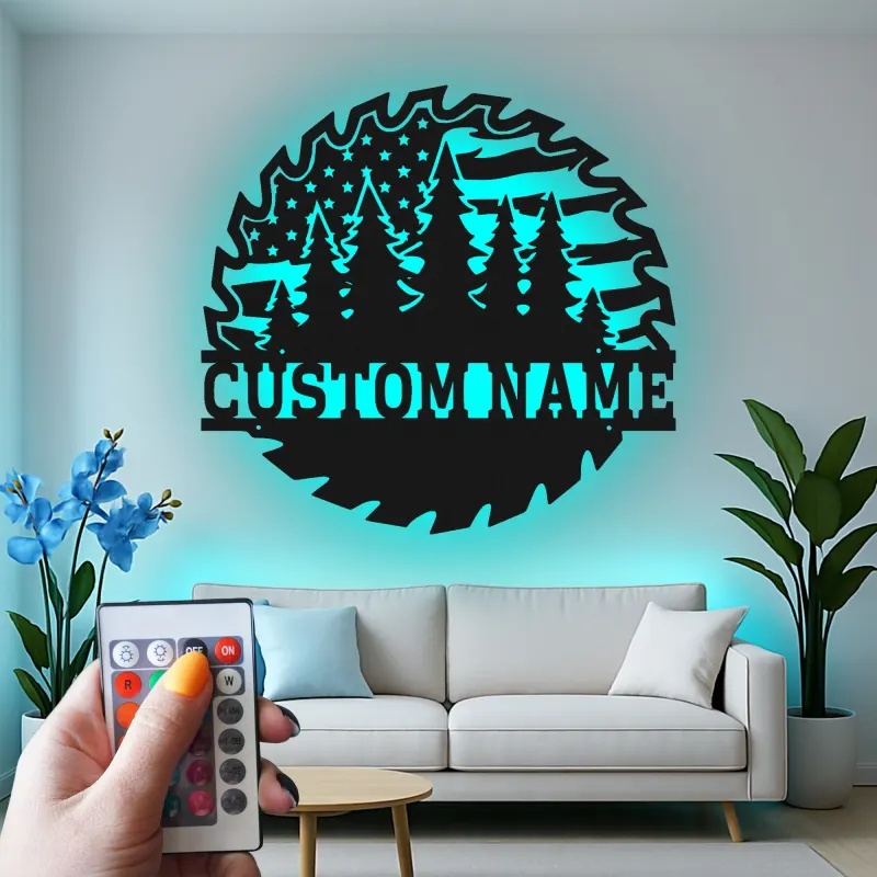 Personalized Saw Blade Metal Sign | Forest & Flag LED Wall Art | Custom Name Cabin Decor | Outdoorsman Gift for Him