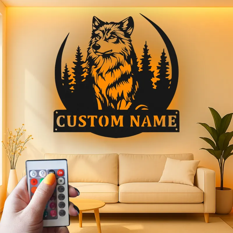 Insegna in metallo LED personalizzata con lupo - Regalo per amanti della natura, decorazione per cabin rustica